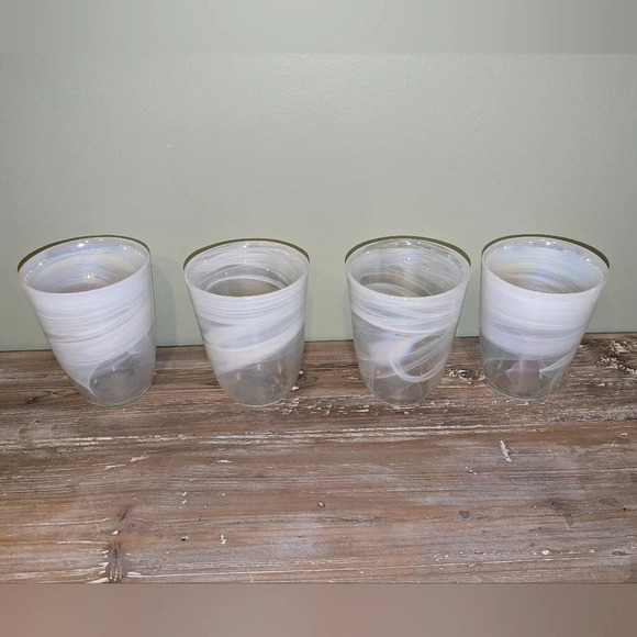 Set of 4 Artistic Accents White Opal Iridescent Swirl Hand Blown Tumblers - Picture 3 of 7